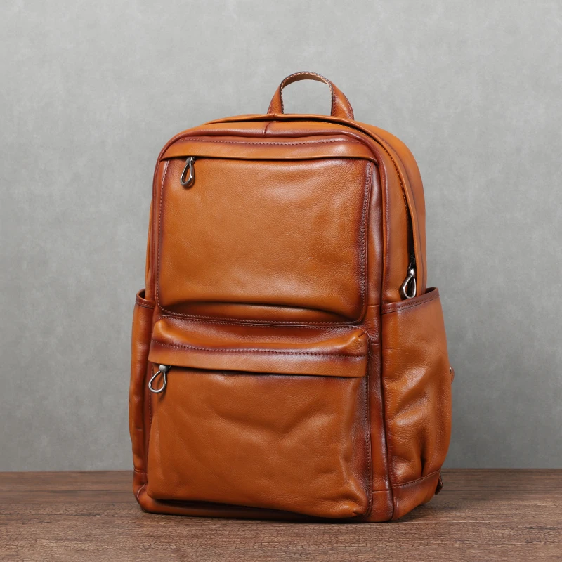 Sac à dos en cuir véritable pour homme, sac pour ordinateur portable vintage, grande capacité, sac d'ordinateur de voyage, couche de tête, cuir de vachette