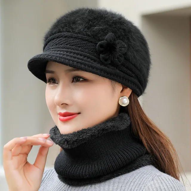 Nouvelles femmes chapeau d'hiver garder au chaud casquette ajouter du chapeau doublé de fourrure et écharpe ensemble chaud chapeau de mode pour les femmes décontracté fausse fourrure fleur tricoté chapeau – Image 2