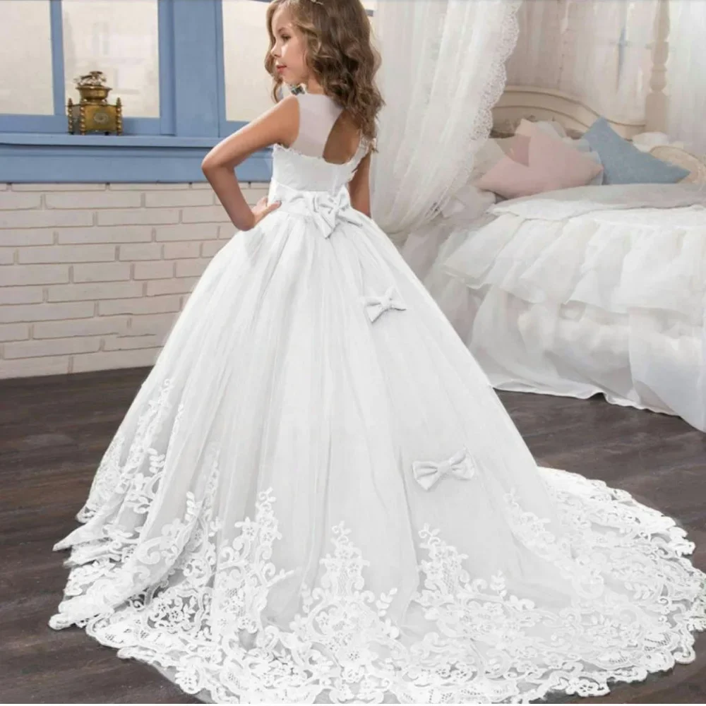 Robes de bal de mariage blanches pour filles de 6 à 14 ans, robe de concours de demoiselle d'honneur élégante à fleurs pour adolescentes, robe d'anniversaire pour enfants