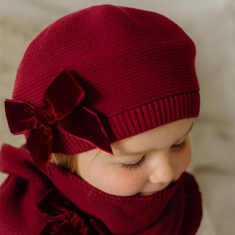 Automne hiver bébé filles chaud nœud tricoté chapeaux enfants béret Bonnet chapeau solide chapeau doux confortable enfants Bonnet pour 2-8 ans