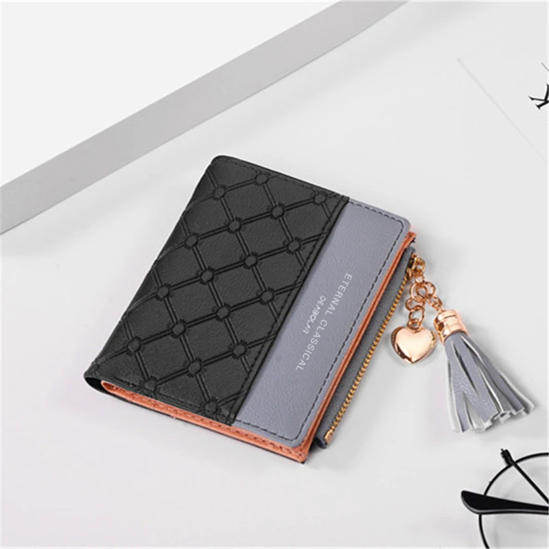 Portefeuille femme cuir PU mode frange pendentif court porte-monnaie porte-carte pliant porte-monnaie femme
