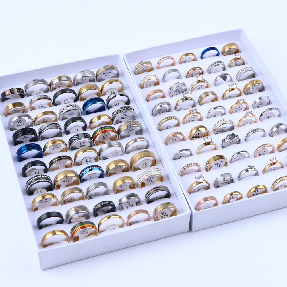 10Pcs/Lot Fashion Classic Stripe Stainless Steel Rings For Womens Mens Zircon Crystal Jewelry Wedding Party Gift Mixed Style