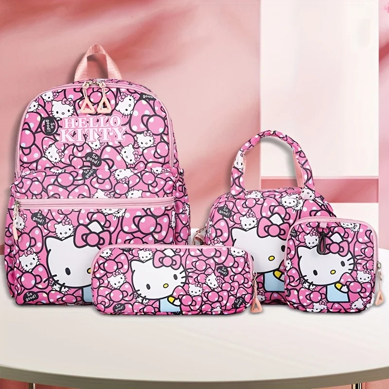 Ensemble de 4 sacs à dos Hello Kitty – Sangles réglables, fermeture éclair, design imprimé anime avec sac à bandoulière, trousse à crayons et porte-monnaie