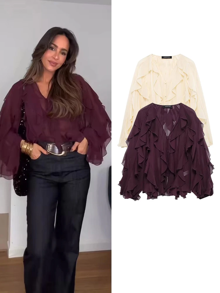 TFMLN – chemisiers translucides à volants pour femmes, nouvelle mode, col en v, simple boutonnage, hauts décontractés à plusieurs niveaux, Style plage, chemise solide, 2025