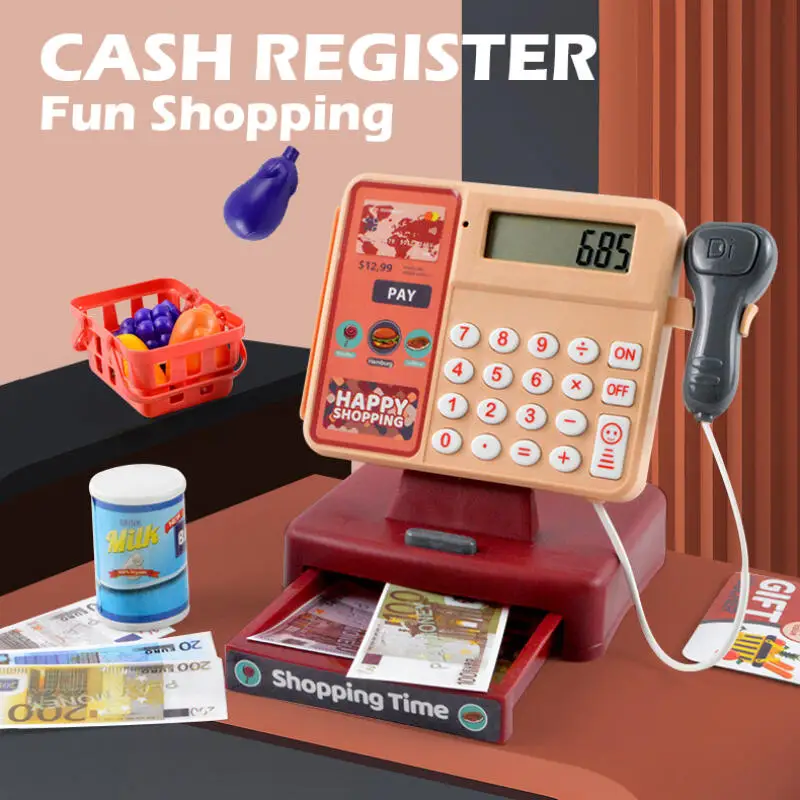 Boîte de caisse enregistreuse à balayage, pièces de monnaie, Simulation de nourriture pour enfants, supermarché, jeu de maison avec lumières sonores, jouets pour enfants, cadeaux de noël