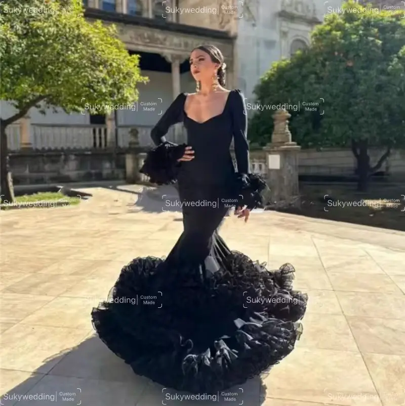 Robe de Soirée Sirène Noire en Dentelle, Tenue Flamenco, Tenue de Bal de Promo, Jupe à Plusieurs Niveaux, Manches en Dentelle, Dos aux, Personnalisée