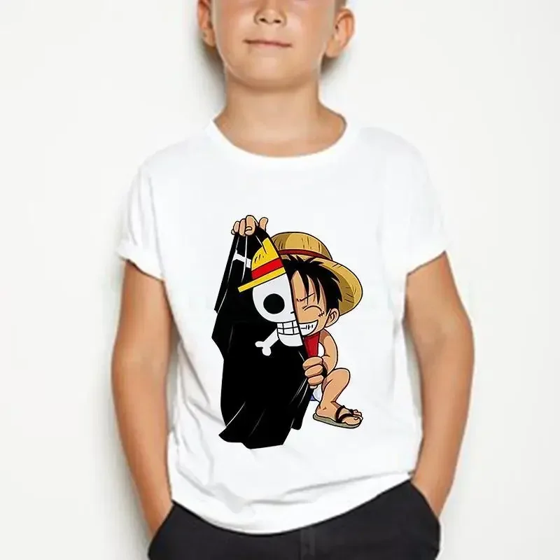 T-shirt à Manches Courtes pour Garçon et Fille, en Coton, Décontracté, Dessin Animé Japonais, Kawaii, une Pièce, Été