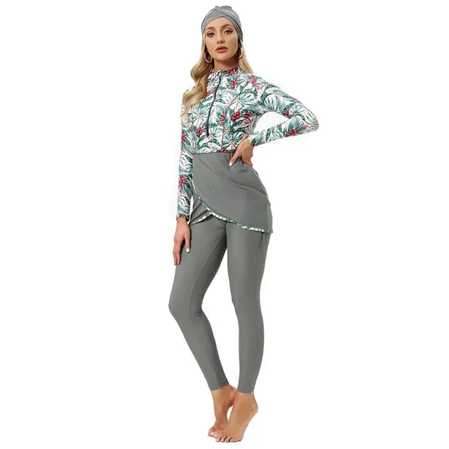 Maillot de Bain Trois Pièces à vaccage Rapide, Imprimé Conservateur, avec Coussinets de Poitrine, Manches sulfet Pantalon Long, Protection Solaire – Image 4
