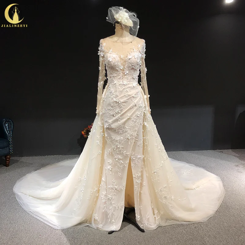 Robe de Mariée Sirène Personnalisée à Manches sulf, Vêtement Éducatif avec Fleurs Perlées, 2188