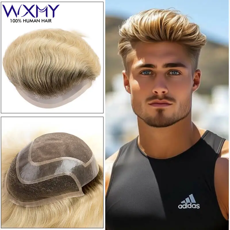 Mono Top Pu Around And Lace Front Male Hair Prosthesis Natural Hairline Toupee Men's Capillary Prothesis 6" Human Hair Men's Wig