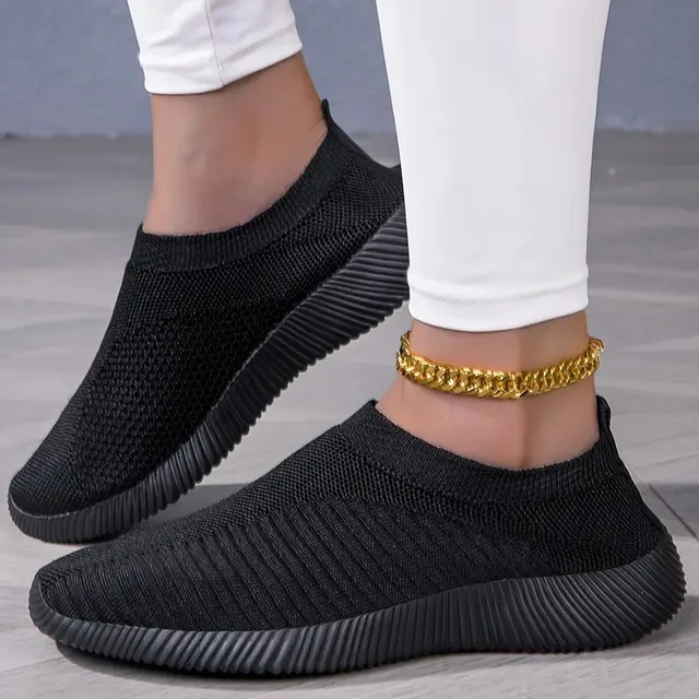Baskets en maille tissée volante pour femmes, chaussures plates à enfiler, marche, sport, course à pied, tennis, document solide, mode – Image 2