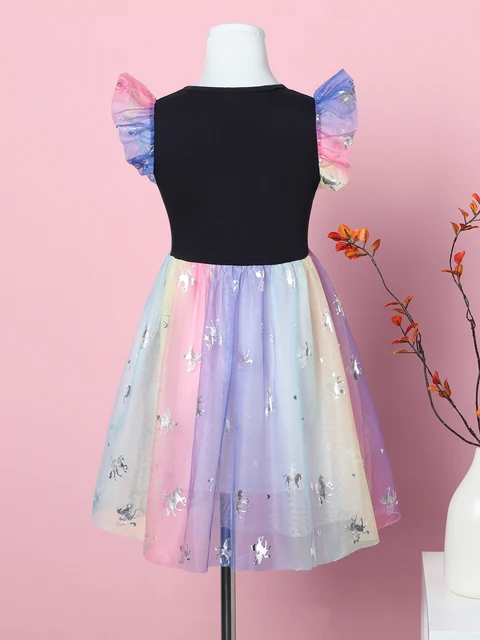 Robe d'été sans manches pour filles, imprimé licorne de dessin animé, maille arc-en-ciel, épissure, princesse, fête d'anniversaire, SH1791 – Image 4