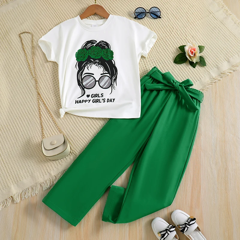 Ensemble 2 pièces pour filles, mode minimaliste, imprimé de dessin animé, respirant, col rond, haut en tricot, jambes larges et fines, ensemble d'été