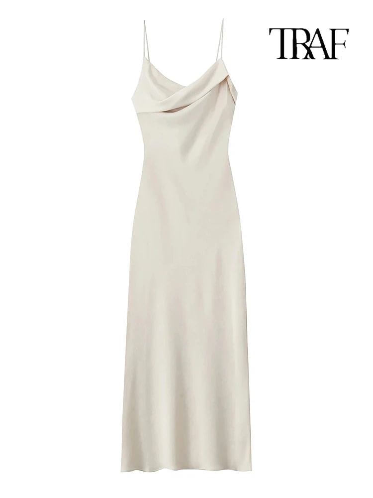 TRAF Longue jupe en satin de femme avec bretelles spaghetti Mode Sexy Stacked Design Solid Colour Slim Dress Elegant Evening Gowns