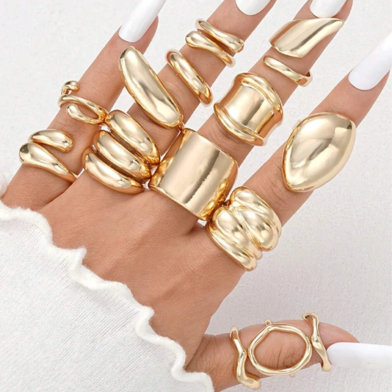 14 pièces/ensemble Vintage lisse ouvert anneaux ensemble pour les femmes géométrique créatif irrégulier couleur or bagues à la mode quotidien bijoux cadeau