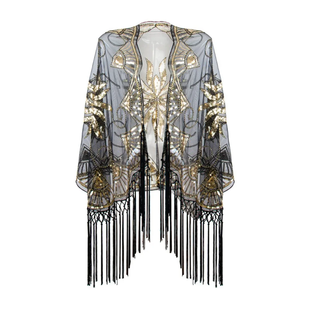 1920 Retro Tassel  Dress Mesh Shawl European and American Party Banquet Evening Dress Cosplay Costumes Cosplay Costume Women