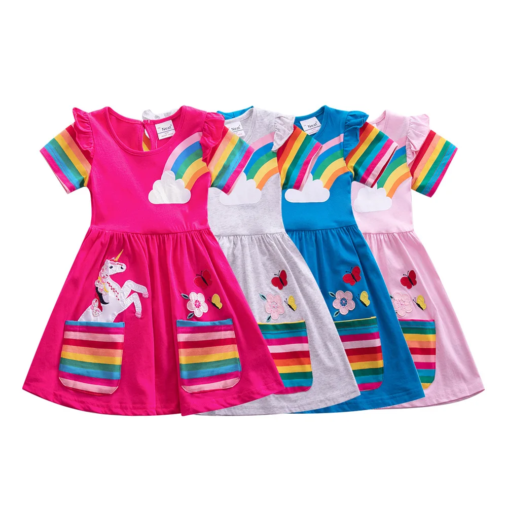 Robe licorne à manches courtes pour filles, nouvelle collection d'été brodée à deux poches, manches arc-en-ciel, SH81035