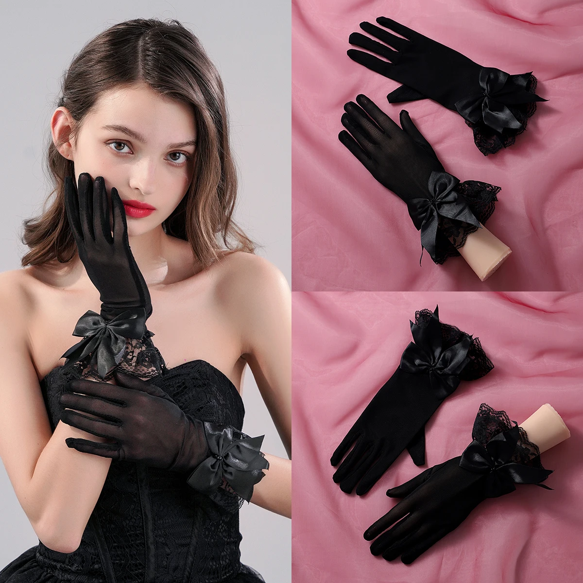 Paire de gants noirs avec nœud décoratif, accessoires adaptés aux mariages de mariée ou aux danses pour femmes