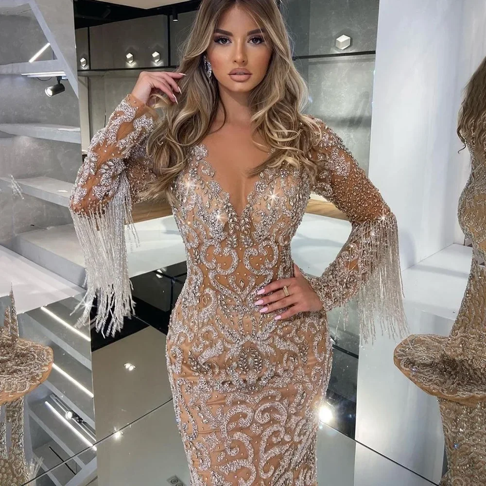 Robe de soirée longue et Sexy pour femmes, tenue de soirée transfrontalière, élégante, à franges dorées, scintillante, pour mariage, nouvelle collection printemps 2024