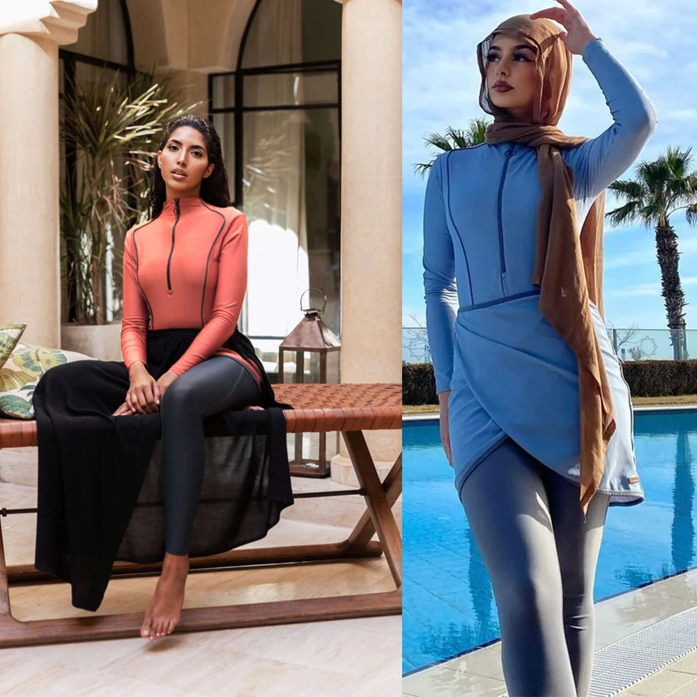 Maillot de bain trois pièces à manches longues, couleur unie, séchage rapide, pantalon musulman conservateur, protection solaire, été, nouveau, 2024