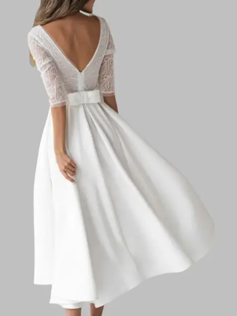 Robe de plage blanche fluide en mousseline de soie, robe de soirée à manches mi-longues et col V profond, dentelle, grand nœud à licou, robe de zone ecoming, 2024 – Image 2