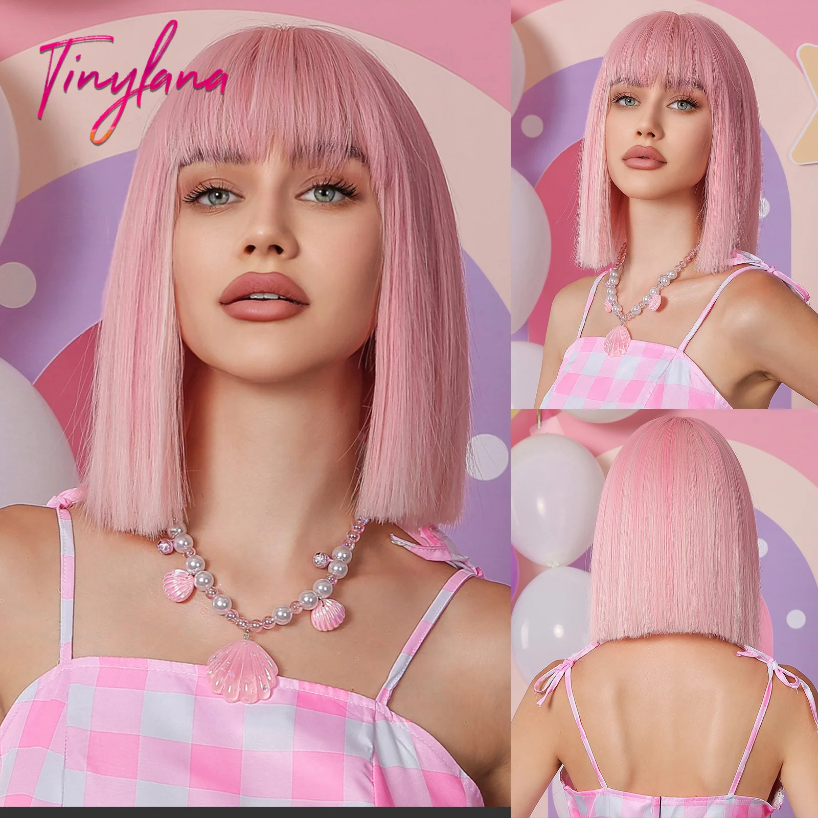 Bob Light Pink Cosplay Synthetic Wigs Straight Lolita Short Wig Halloween Natural Hair with Bangs for Women Afro Heat Resistant