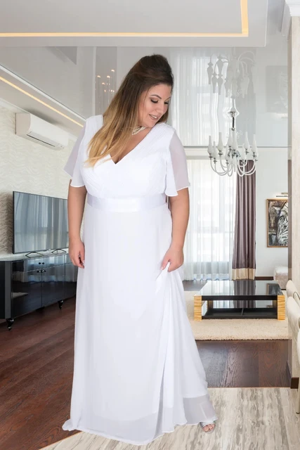 Robe de Rhen mousseline de soie, longueur au sol, manches courtes, blanc, décolleté en V, jupe trapèze, dos zippé – Image 3