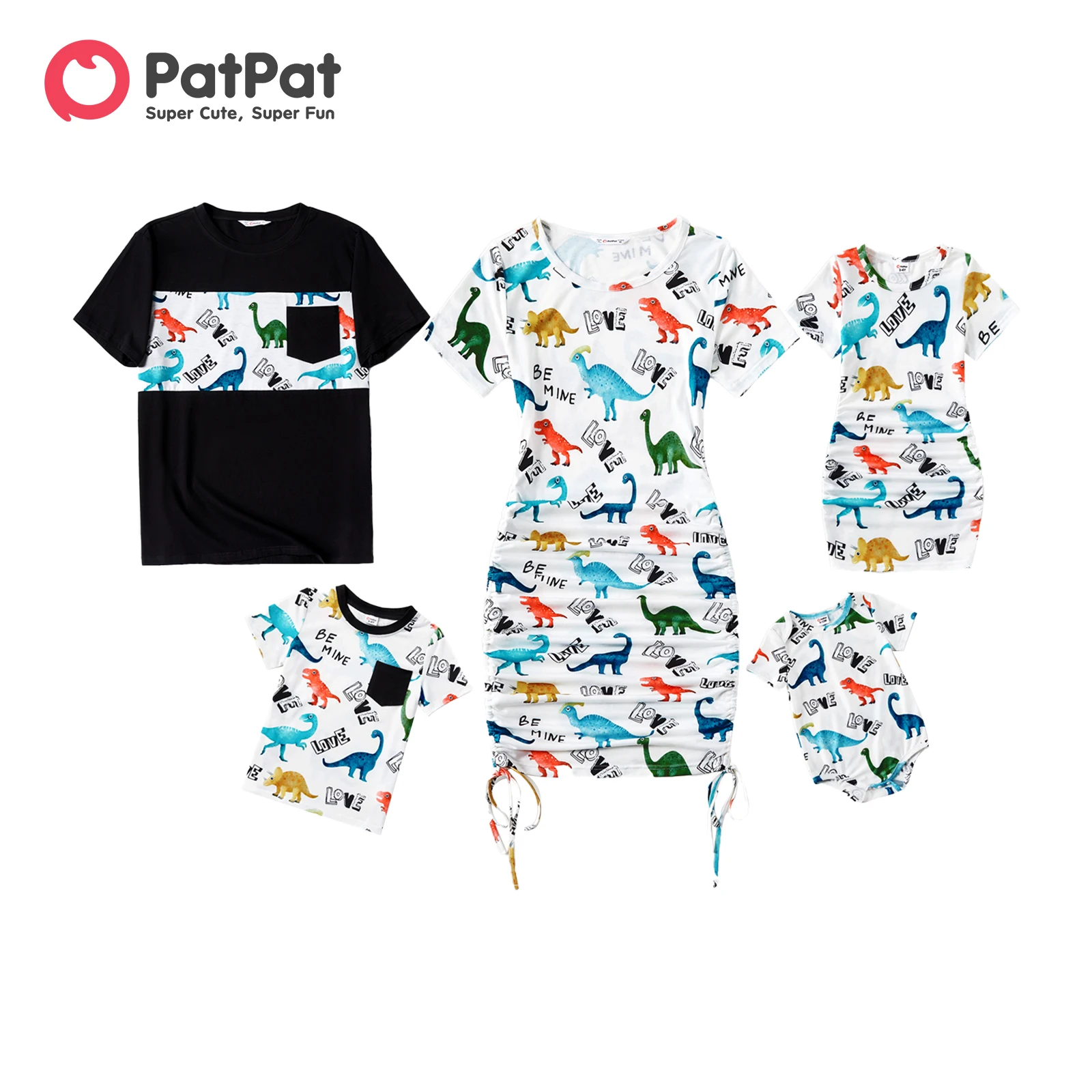PatPat-Tenues assorties pour la famille, imprimé dinosaure Allover, wstring de proximité, batterie froncée, robes con, ensembles de t-shirts à manches courtes