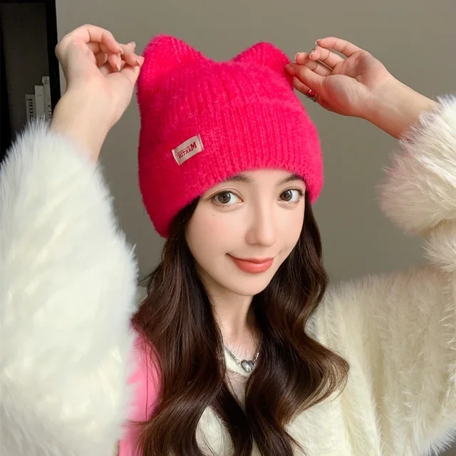 Nouveau femmes mignon chat oreille oreillette hiver chapeau mode fausse fourrure tricoté chapeau Kpop Style doux Beanie chapeaux bonbons femme Streetwear casquette – Image 5