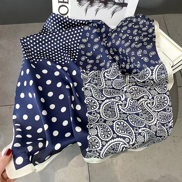 Écharpe carrée à pois rétro pour femmes, écharpes à imprimé cachemire, écharpes de la présidence féminine, foulard de sauna, châle, hijabs, bandana, noir, blanc – Image 5