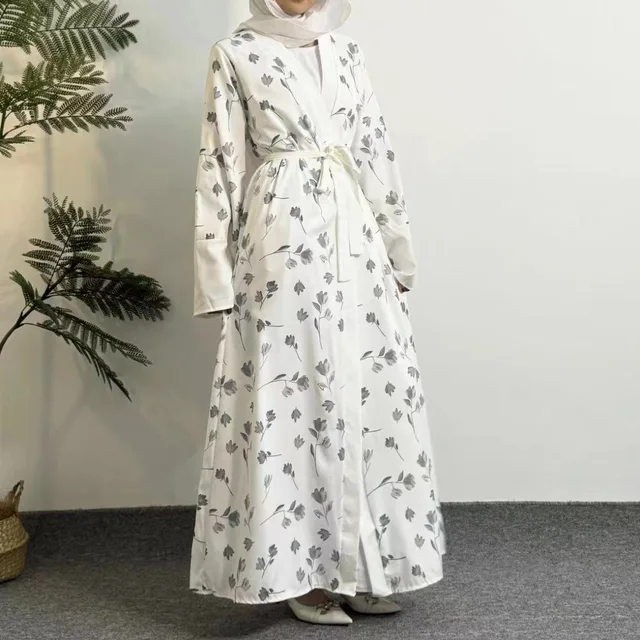 Abaya à imprimé floral ouvert sur le devant, robe maxi à manches longues avec ceinture, vêtements pour femmes, abayas musulmans, kaftans pour femmes, jilbabs – Image 3