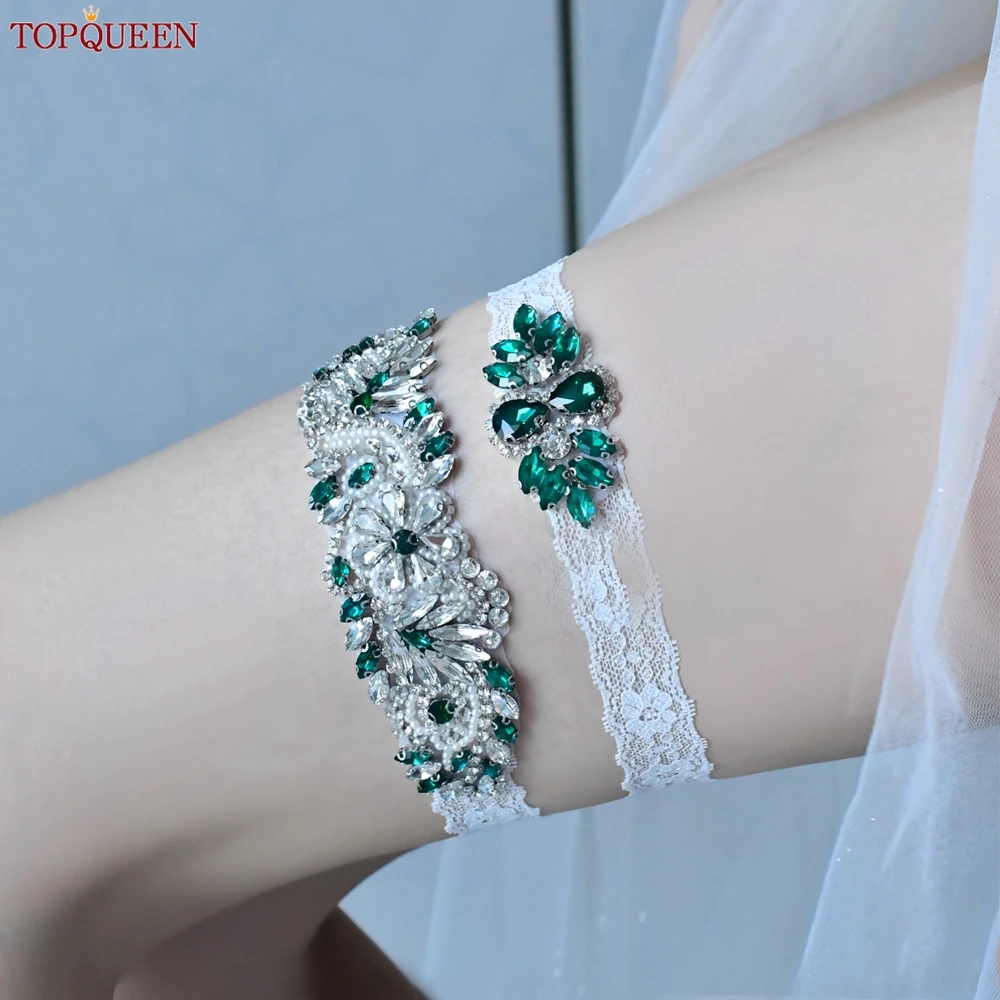 TOPQUEEN sexy cuisse jarretelles ceinture vert strass mariée dentelle costume jambe ligueros mariage cinta liga porte jartelle novia THS22