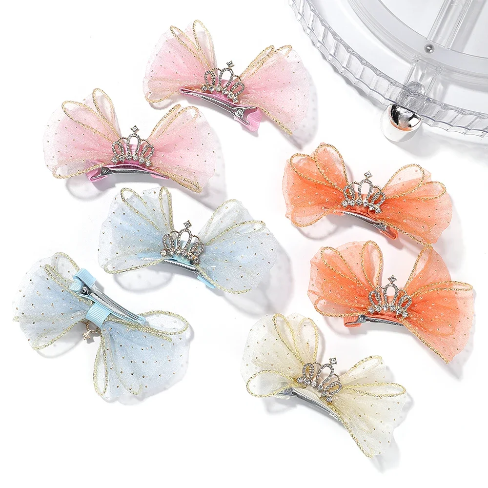 Pinces à cheveux pour filles, 2 pièces, épingles à cheveux avec nœud en Organza, Barrettes pour enfants, couronne en Zircon, ornements pour cheveux, princesse, accessoires pour cheveux de bébé