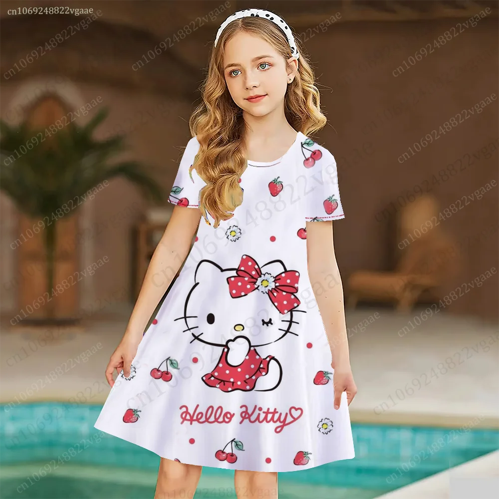 Sanurgente-Robe d'été Hello Kitty pour filles et femmes, costume à manches courtes, robes de soirée princesse, vêtements pour tout-petits, robes pour enfants