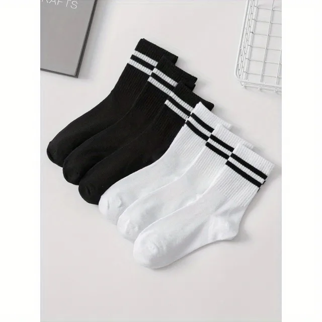 6 Pairs High Tube Mid Length Stockings Set For Men in Solid Black And White With Parallel Bars Popular and Sweat Absorption – Image 6