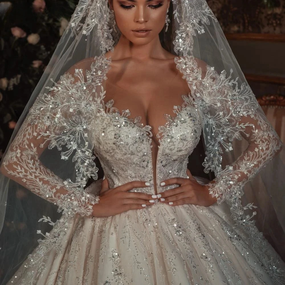 Robe de Mariée en Dentelle Perlée et à Paillettes, Magnifique Tenue de Bal à Manches sulf, Personnalisée, pour Patients
