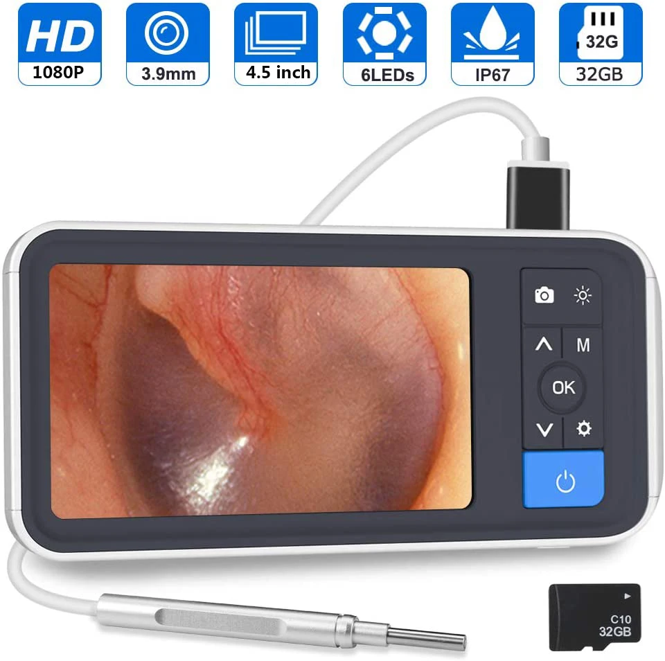 Otoscope numérique avec caméra auriculaire 4.5 pouces 1080P 3.9mm, avec 6 lumières LED, outil d'élimination du cérumen avec carte de 32 go pour enfants et adultes