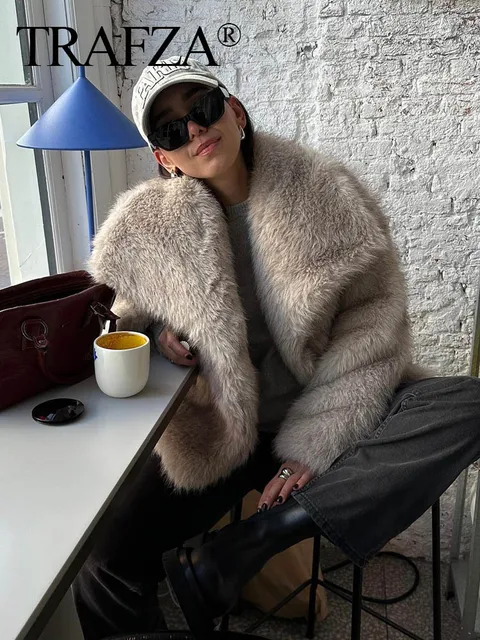 TRAFZA femmes mode recadrée fausse fourrure veste manteau à manches longues avant bouton pression vêtements de dessus pour femmes Chic revers col épais manteau – Image 3