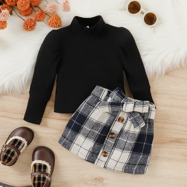 Costume 3 pièces pour filles de 1 à 4 ans, haut à col haut + jupe à carreaux, couleur unie, tendance et à la mode, automne et hiver – Image 3