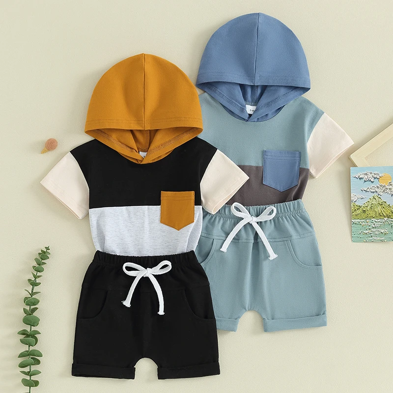Tenues d'été pour garçons, 2 pièces, t-shirt à capuche à manches courtes et short à taille élastique, ensemble de vêtements pour tout-petits