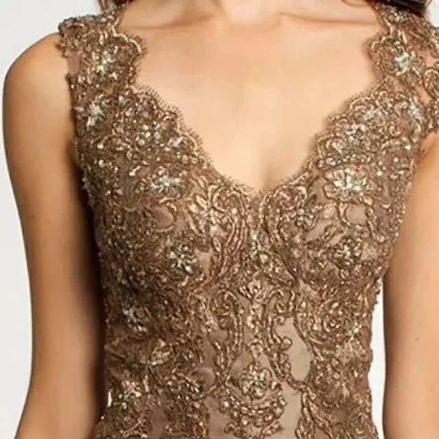 Robe sirène élégante à col en V pour mère de la mariée, appliques en dentelle, perles de cristal, marron, trompent, fête formelle, mariage, mode, 2023 – Image 4