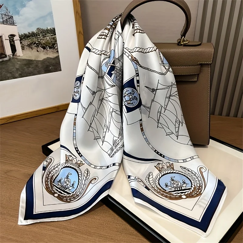 Grande écharpe carrée de luxe à imprimé nautique, fine, respirante et soyeuse, foulard de protection solaire de Style glamour