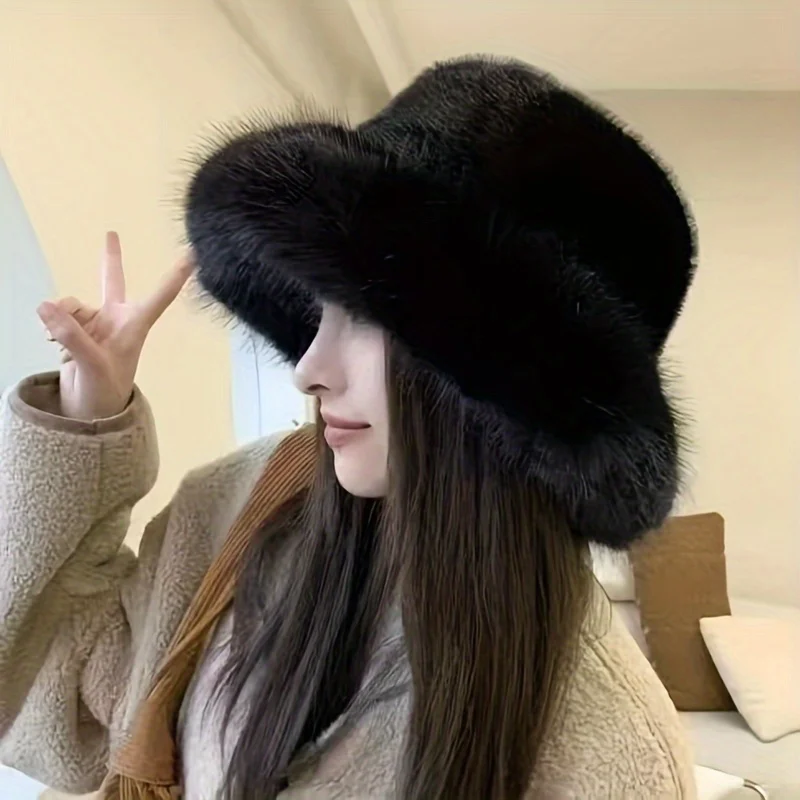 Grand chapeau seau en fausse fourrure pour femmes, cosaque russe, chapeau enveloppant d'hiver moelleux, chapeau seau surdimensionné rose vin rouge