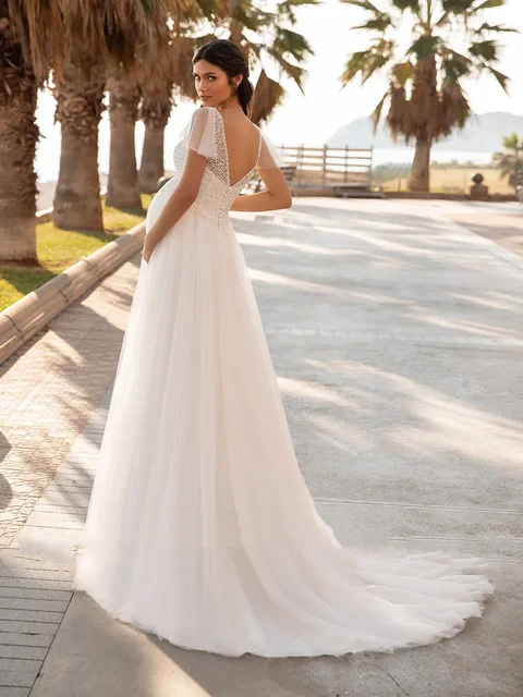 Robes de mariée bohèmes pour femmes enceintes, col en V, manches courtes, simple, tulle, ligne A, robe de mariée de grossesse à paillettes, pas cher, 2023 – Image 2