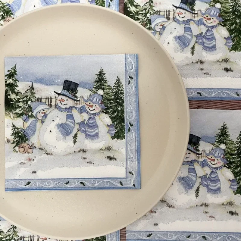 10/20 pièces 33*33cm 2 plis serviette de noël Festival fête décoration papier trois bonhomme de neige de noël dessin animé imprimé napperons en papier