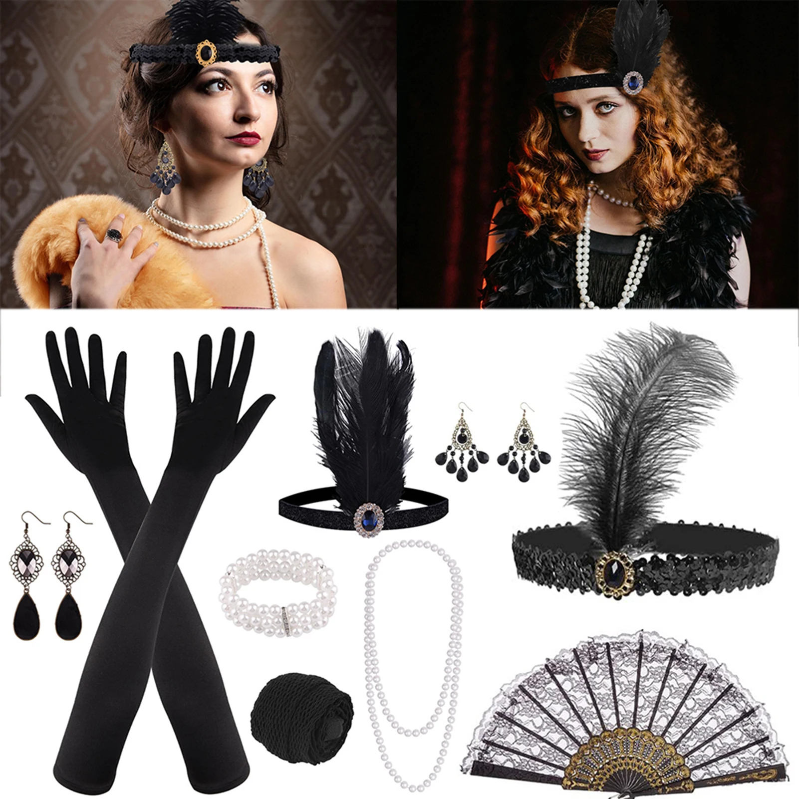 1920 Cosplay Hair Accessories Set For Women Flapper Feather-Headband Pearl Necklace Glove Costume Accessories For Cosplay Party