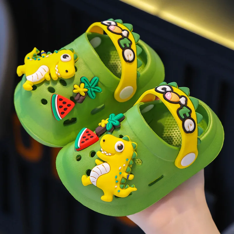 Pantoufles d'été pour enfants, sandales à trous, souples, antidérapantes, dessin animé dinosaure, Design de bricolage, chaussures de plage antidérapantes pour garçons et filles