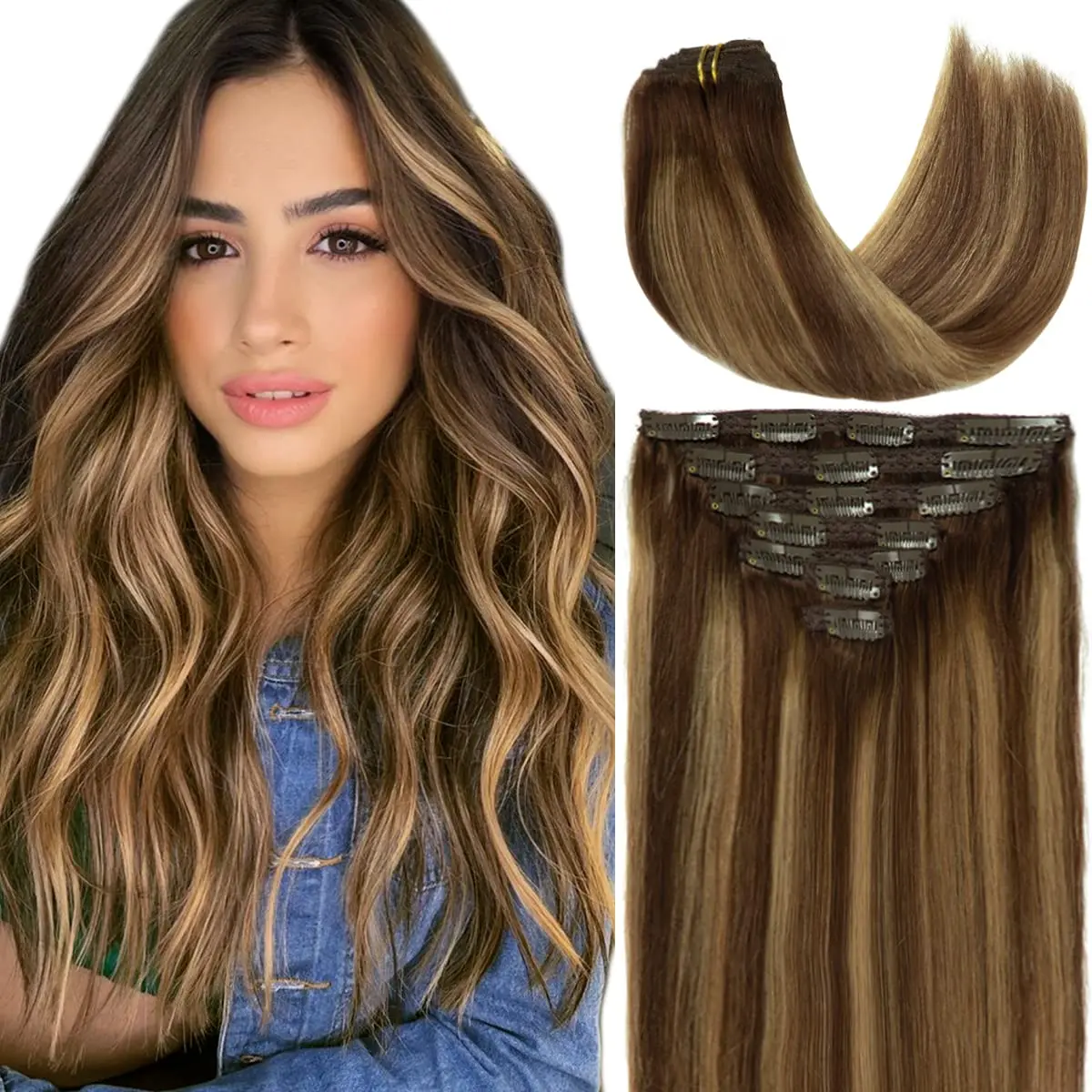 Hair Extensions Clip In Human Hair 14-26 Inch Real Human Hair 120g 8Pcs #4/27 Brown Highlights Blonde Double Weft Thick Straight