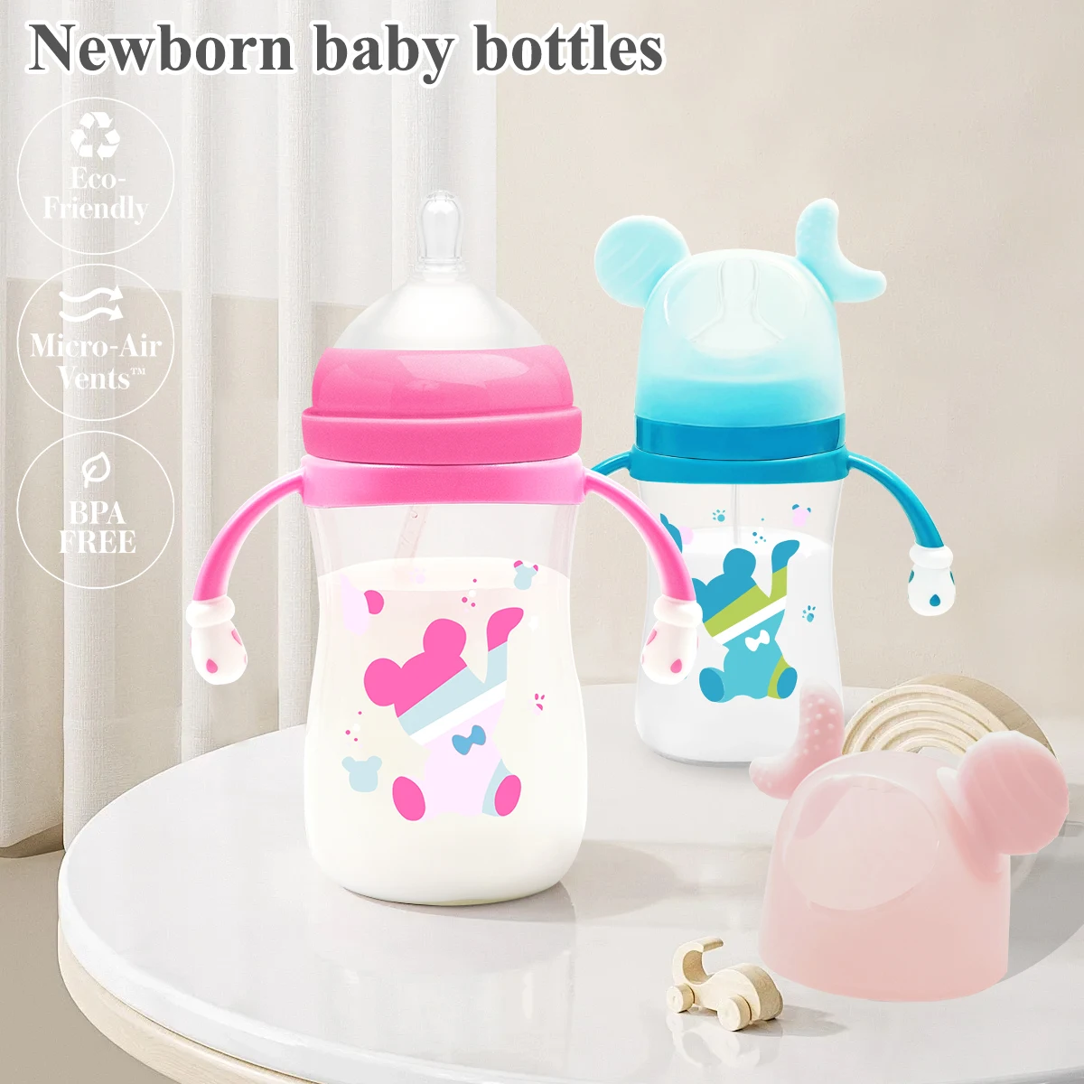 1 biberon ours lune de 180ml avec poignée, paille boule à gravité, biberon pour bébé de 0 à 36 mois, PP de qualité alimentaire, sans BPA
