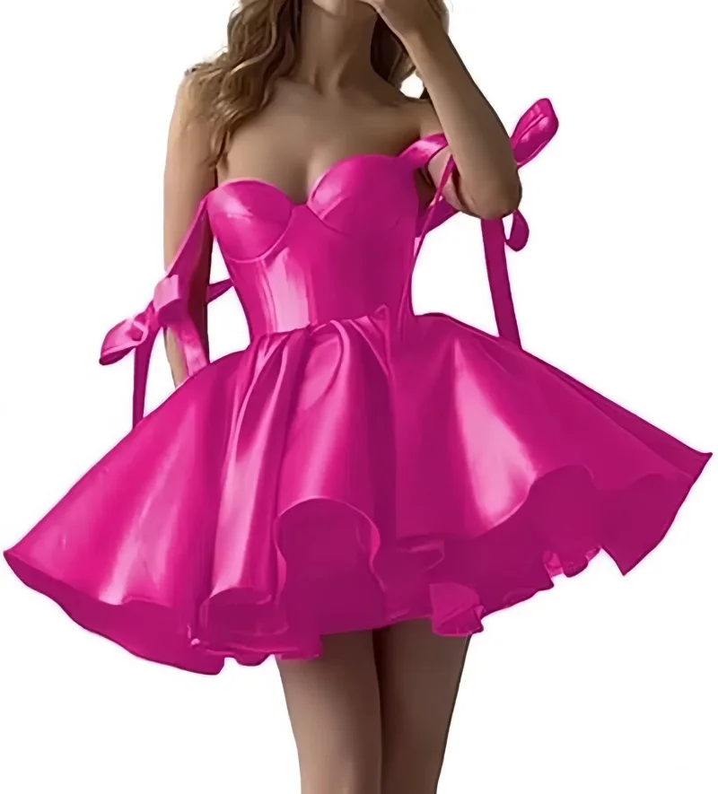 Mini robe de soirée en Satin pour adolescentes, avec nœud, bretelles Spaghetti, robe de bal courte, bouffante, robe de bal de Cocktail avec poches